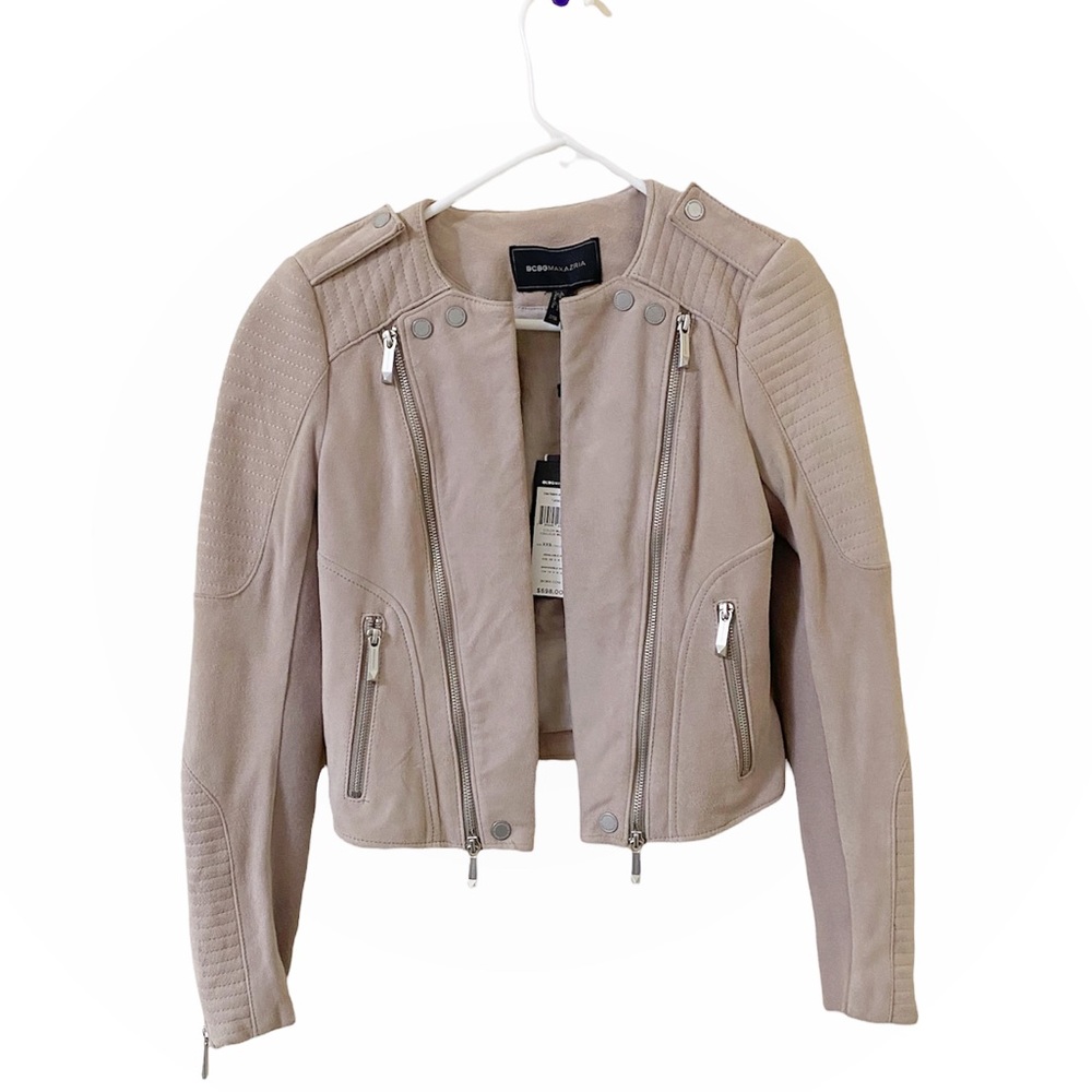 BCBGMAXAZRIA “Joss” Cropped Moto Suede Jacket